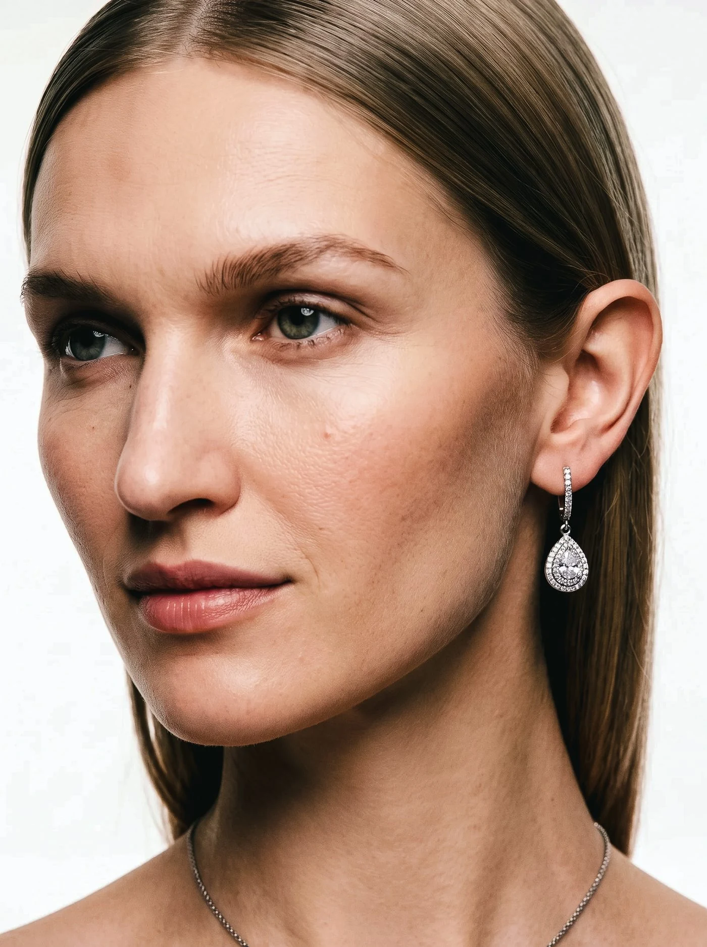 Halo Earrings, No. 004, pear diamond drops, worn